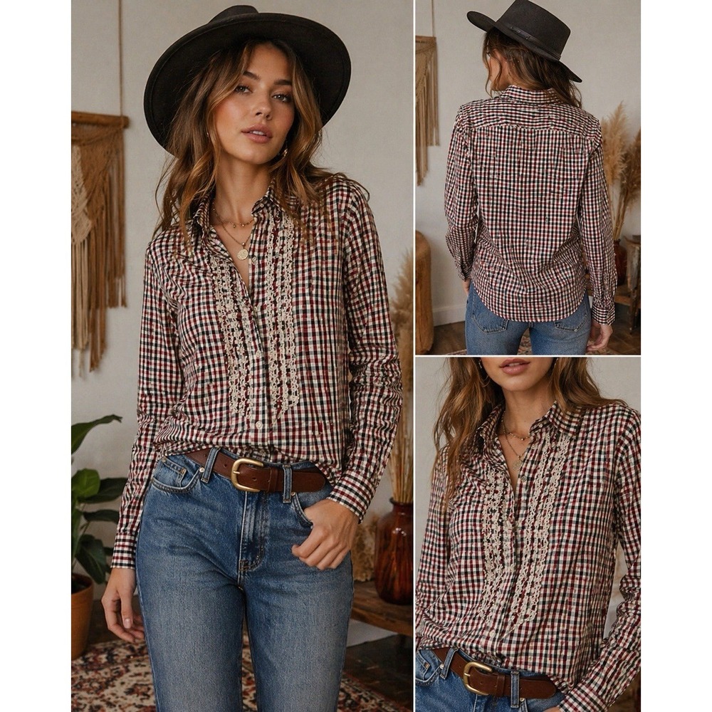 Diesel Womens Blouse Size L Plaid Check Ruffle Front Button Down Long Sleeve